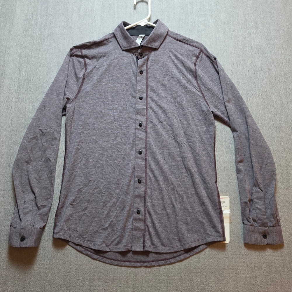 Lululemon Rival Button Up*SE Men M Heathered Gray Burgundy Long Sleeve Shirt